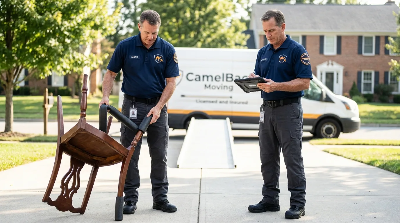 Movers inspecting furniture for damage prevention before loading in Bennettsville, SC