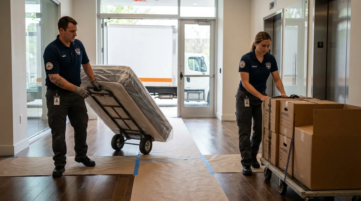 Professional apartment movers loading elevator in Bennettsville, SC