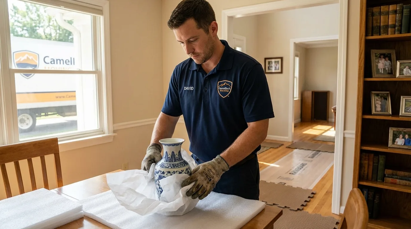 Professional crew carefully wrapping antique vase for senior downsizing move in Bennettsville, SC